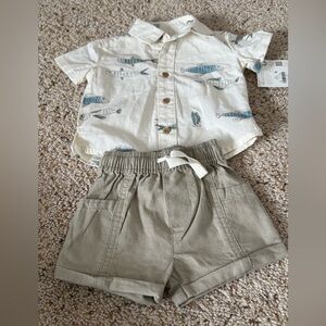 NWT Little Planet Organic Cotton white button down and Tan Shorts size 3 months